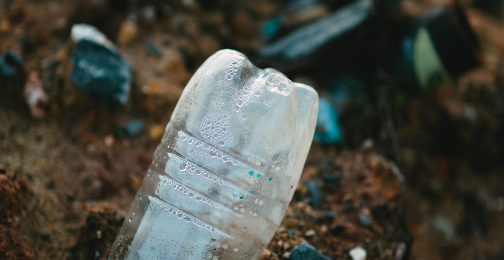 botella de plástico medio enterrada en el suelo
